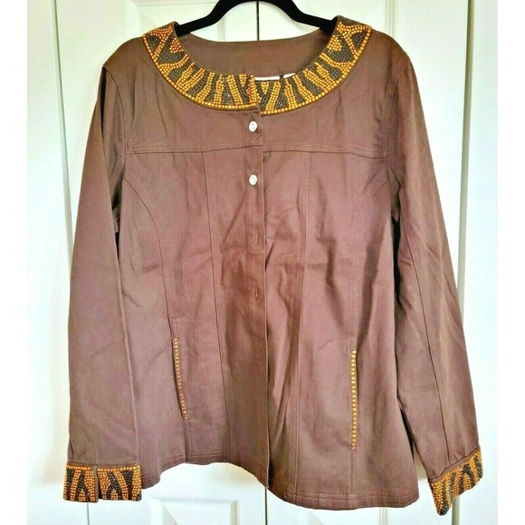 Quacker Factory Large Brown Jacket Stretch Long Sleeve Crystal‎ Embellished NEW - Picture 1 of 8